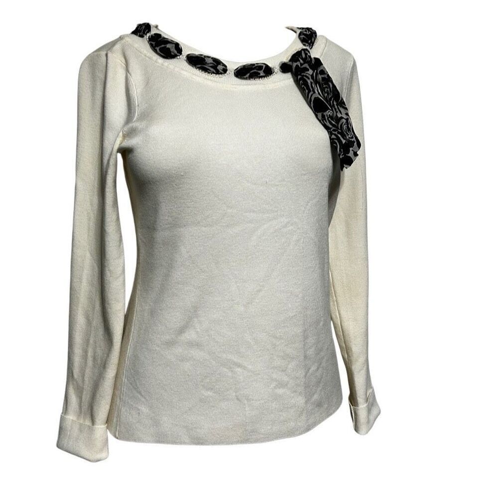 Emma James Sweater Top Women's Medium Cream Beaded Ribbon Scarf Trim Pullover